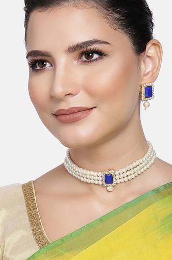 Aheli blue indian traditional crystal pearl beaded choker necklace jewellery set