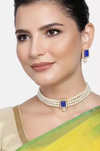 Aheli blue indian traditional crystal pearl beaded choker necklace jewellery set