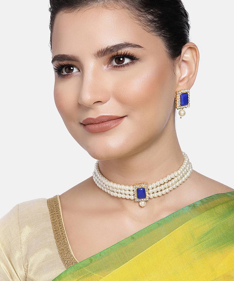 Aheli blue indian traditional crystal pearl beaded choker necklace jewellery set