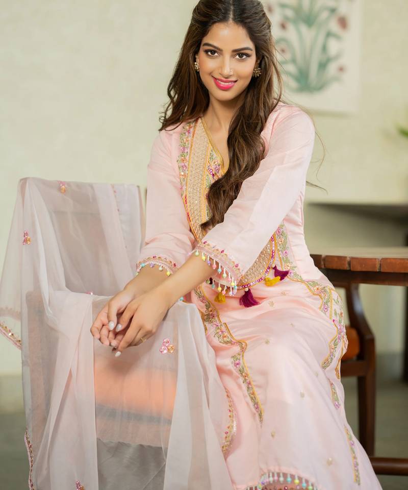 Designer pink ethnic kurta sharara set with heavy embroidery & dupatta