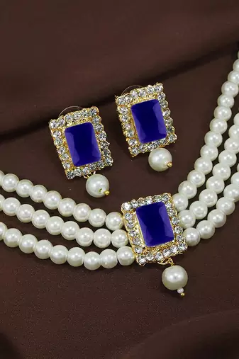 Aheli blue indian traditional crystal pearl beaded choker necklace jewellery set