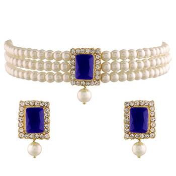 Aheli blue indian traditional crystal pearl beaded choker necklace jewellery set 3