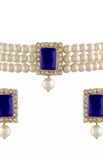 Aheli blue indian traditional crystal pearl beaded choker necklace jewellery set