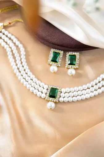 Aheli green indian traditional crystal pearl beaded choker necklace jewellery set