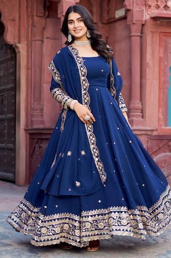 Beautiful Anarkali Gown Set Blue Suit Set With Dupatta