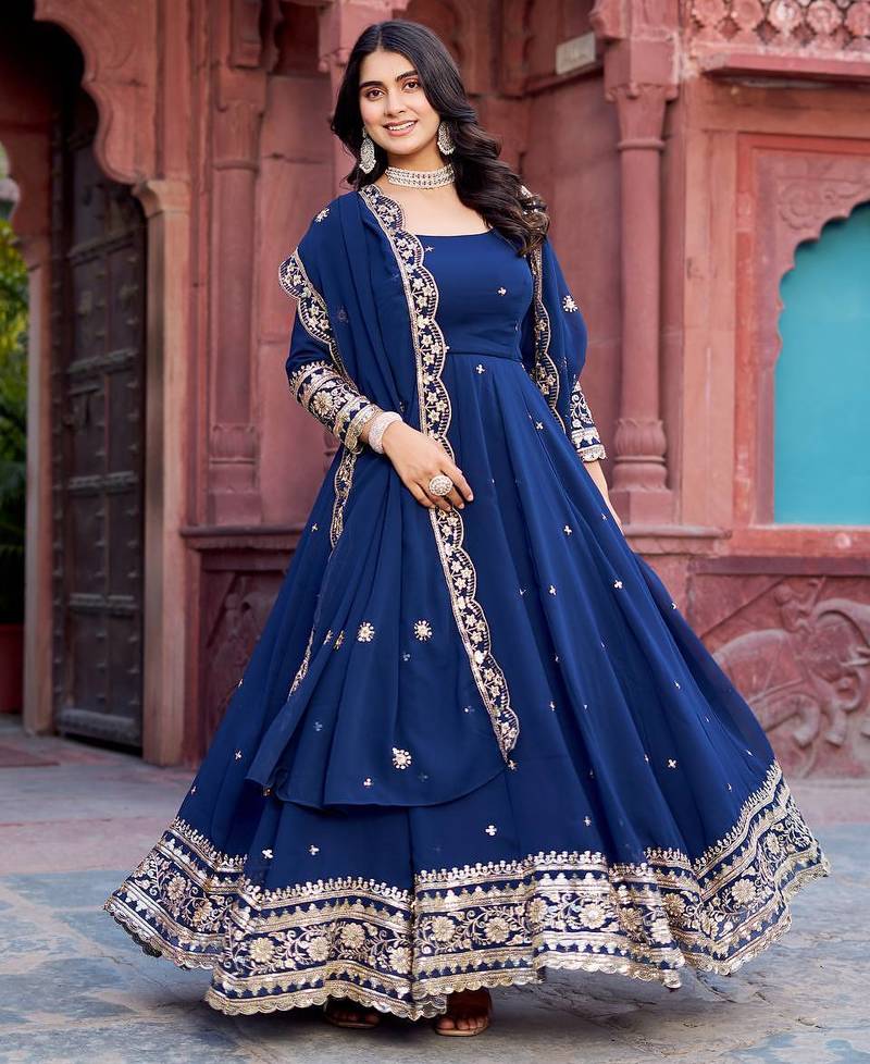 Beautiful Anarkali Gown Set Blue Suit Set With Dupatta