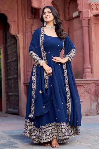 Beautiful Anarkali Gown Set Blue Suit Set With Dupatta