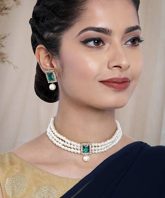Aheli green indian traditional crystal pearl beaded choker necklace jewellery set 2