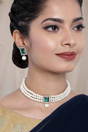 Aheli green indian traditional crystal pearl beaded choker necklace jewellery set