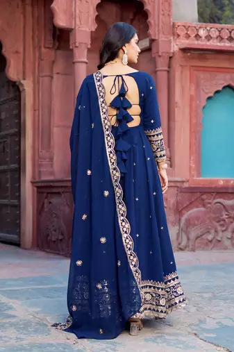 Beautiful Anarkali Gown Set Blue Suit Set With Dupatta
