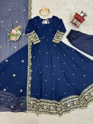 Beautiful Anarkali Gown Set Blue Suit Set With Dupatta 4