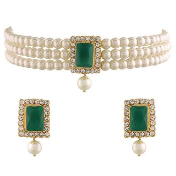 Aheli green indian traditional crystal pearl beaded choker necklace jewellery set 3
