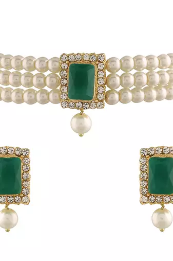 Aheli green indian traditional crystal pearl beaded choker necklace jewellery set