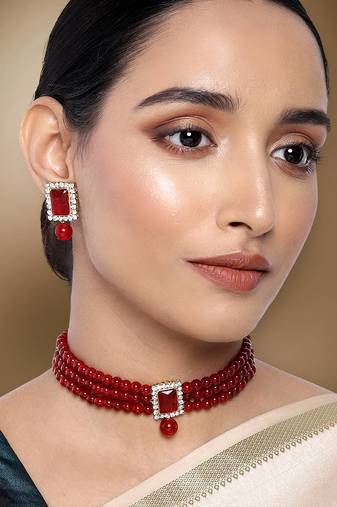 Aheli maroon indian traditional crystal pearl beaded choker necklace jewellery set