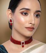 Aheli maroon indian traditional crystal pearl beaded choker necklace jewellery set