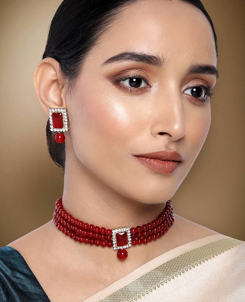 Aheli maroon indian traditional crystal pearl beaded choker necklace jewellery set