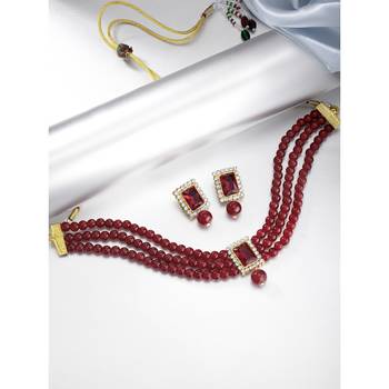 Aheli maroon indian traditional crystal pearl beaded choker necklace jewellery set 2