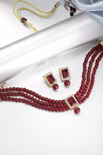 Aheli maroon indian traditional crystal pearl beaded choker necklace jewellery set