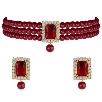 Aheli maroon indian traditional crystal pearl beaded choker necklace jewellery set 3