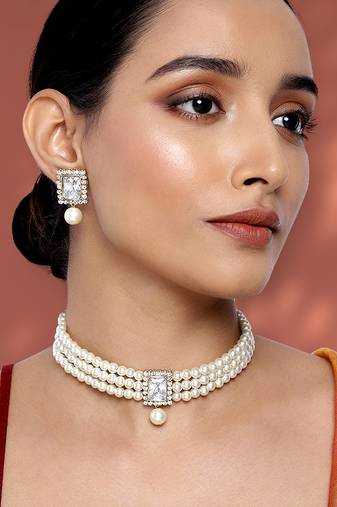 Aheli white indian traditional crystal pearl beaded choker necklace earrings jewellery set
