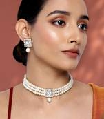 Aheli white indian traditional crystal pearl beaded choker necklace earrings jewellery set