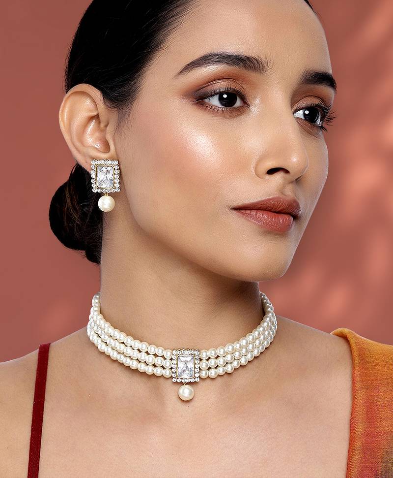 Aheli white indian traditional crystal pearl beaded choker necklace earrings jewellery set