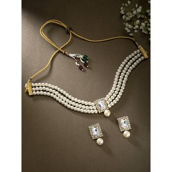 Aheli white indian traditional crystal pearl beaded choker necklace earrings jewellery set 2