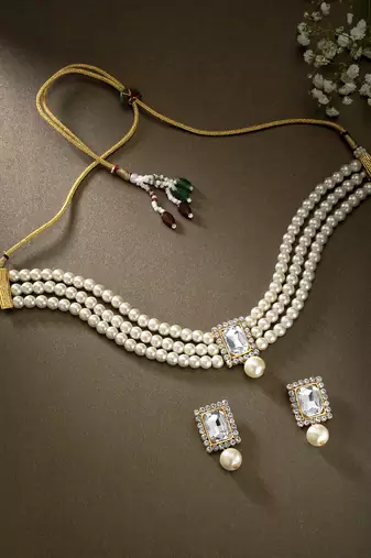 Aheli white indian traditional crystal pearl beaded choker necklace earrings jewellery set