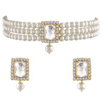 Aheli white indian traditional crystal pearl beaded choker necklace earrings jewellery set 3