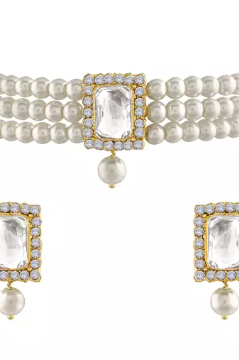 Aheli white indian traditional crystal pearl beaded choker necklace earrings jewellery set