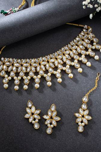Aheli white crystal necklace earring maang tikka traditional jewellery set