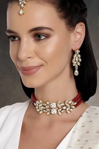Aheli bridal crystal pearl choker necklace with drop earrings traditional jewellery set