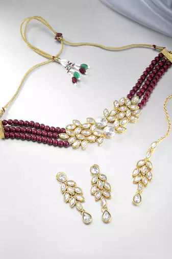 Aheli bridal crystal pearl choker necklace with drop earrings traditional jewellery set