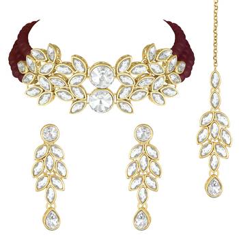 Aheli bridal crystal pearl choker necklace with drop earrings traditional jewellery set 3