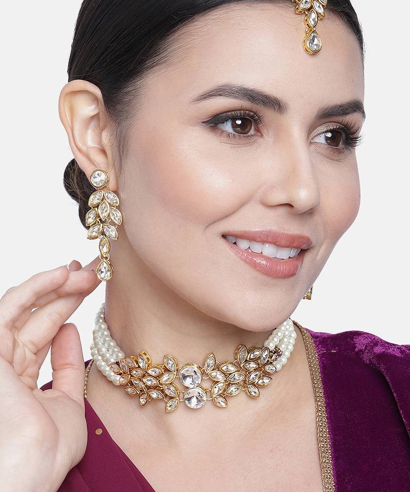 Aheli traditional white kundan choker necklace dangle earring & maangtikka ethnic jewellery set