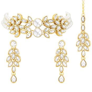 Aheli traditional white kundan choker necklace dangle earring & maangtikka ethnic jewellery set 3