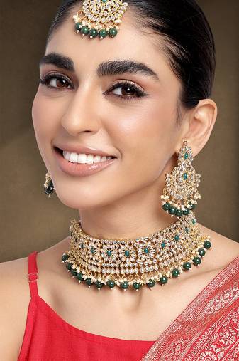 Aheli green crystal choker floral necklace chandbali earring maang tikka jewellery set
