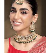 Aheli green crystal choker floral necklace chandbali earring maang tikka jewellery set