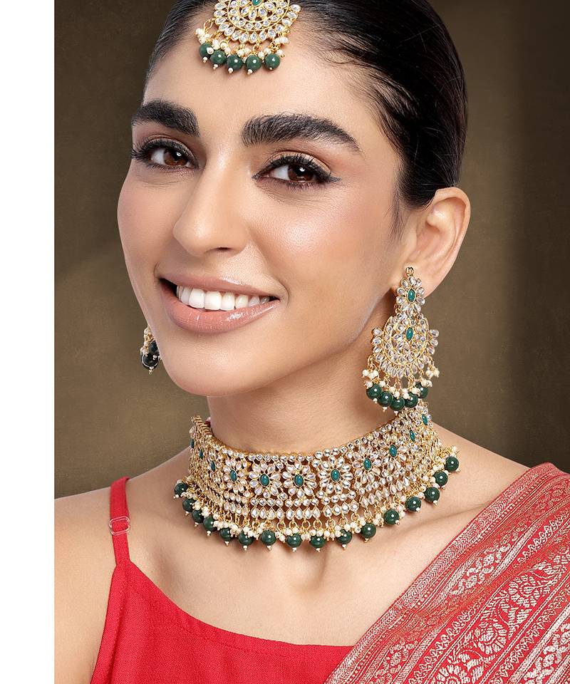 Aheli green crystal choker floral necklace chandbali earring maang tikka jewellery set