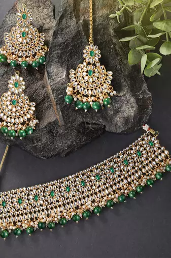 Aheli green crystal choker floral necklace chandbali earring maang tikka jewellery set