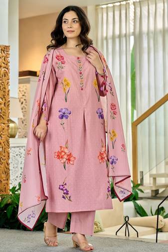 Women’s pink floral kurta pant set with soft dupatta – stylish ethnic look