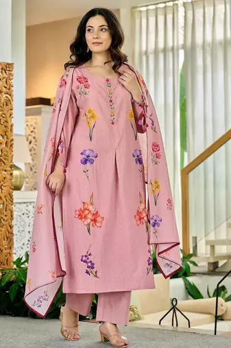 Women’s pink floral kurta pant set with soft dupatta – stylish ethnic look
