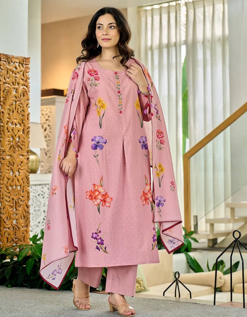 Women’s pink floral kurta pant set with soft dupatta – stylish ethnic look