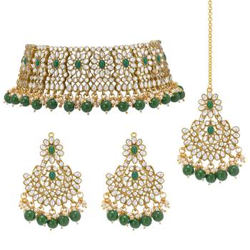 Aheli green crystal choker floral necklace chandbali earring maang tikka jewellery set 3