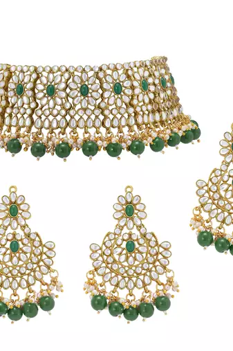 Aheli green crystal choker floral necklace chandbali earring maang tikka jewellery set