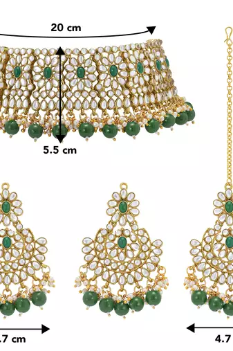 Aheli green crystal choker floral necklace chandbali earring maang tikka jewellery set