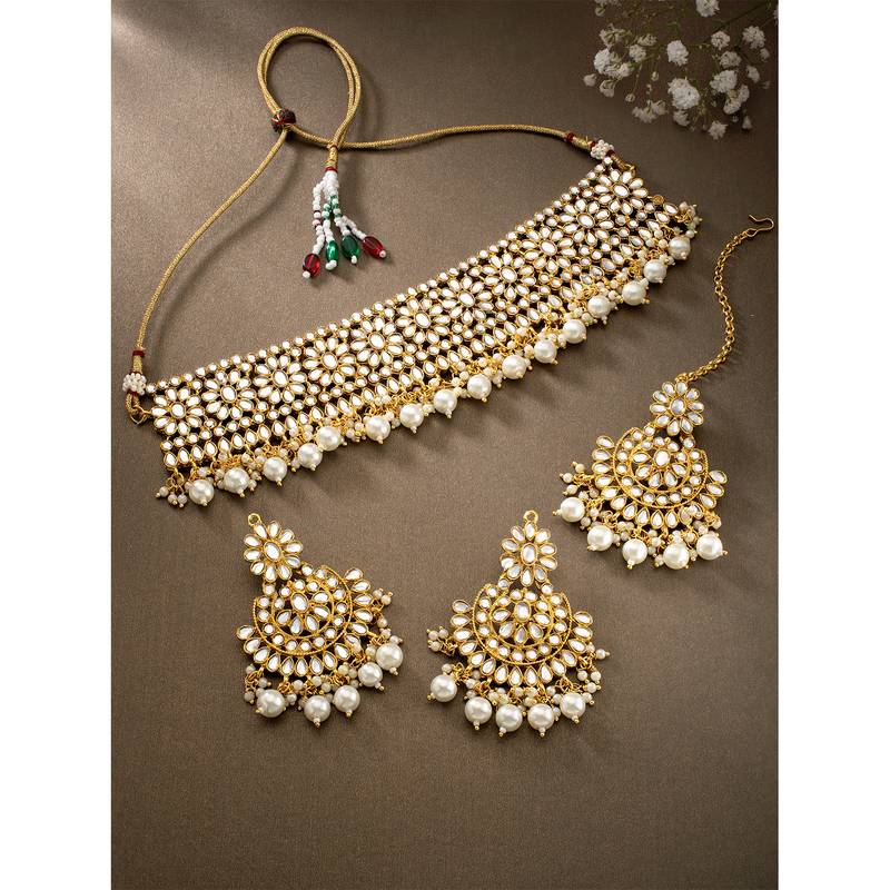 Aheli kundan studded choker necklace earrings & maang tikka set wedding jewellery set