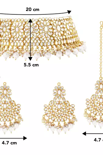 Aheli kundan studded choker necklace earrings & maang tikka set wedding jewellery set