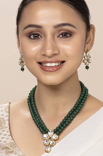 Aheli green crystal pearl long necklace with drop earrings traditional ethnic jewellery set