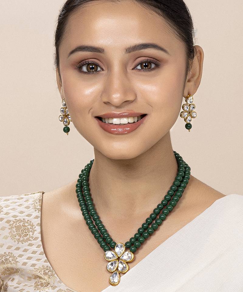 Aheli green crystal pearl long necklace with drop earrings traditional ethnic jewellery set